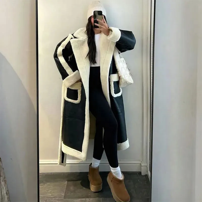 Chic pockets full length warm shearling trench coat