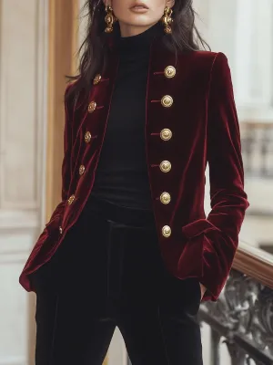 Chic Velvet Jacket with Bold Gold Accents