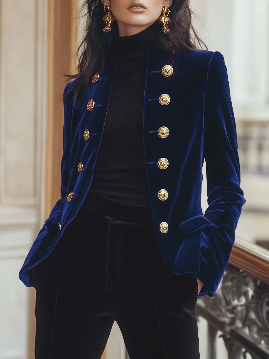 Chic Velvet Jacket with Bold Gold Accents