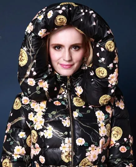 Coin & Floral Print Duck Down Long Thick Coat