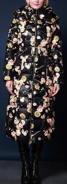 Coin & Floral Print Duck Down Long Thick Coat