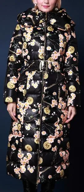 Coin & Floral Print Duck Down Long Thick Coat