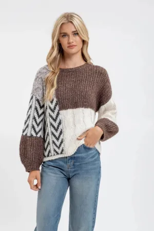 Colorblock Chevron Cable Knit Sweater BROWN MULTI