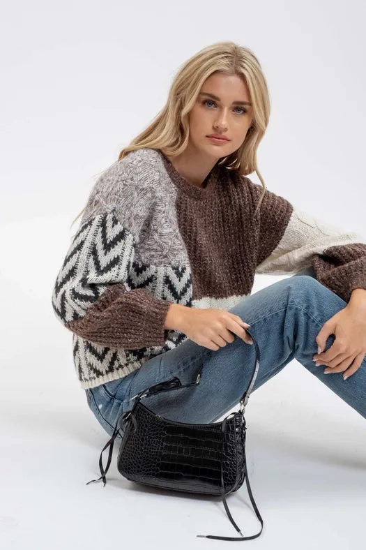 Colorblock Chevron Cable Knit Sweater BROWN MULTI