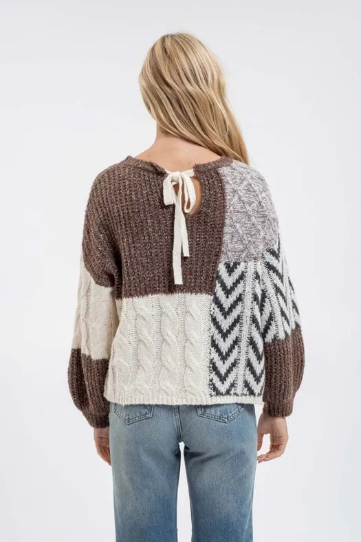 Colorblock Chevron Cable Knit Sweater BROWN MULTI