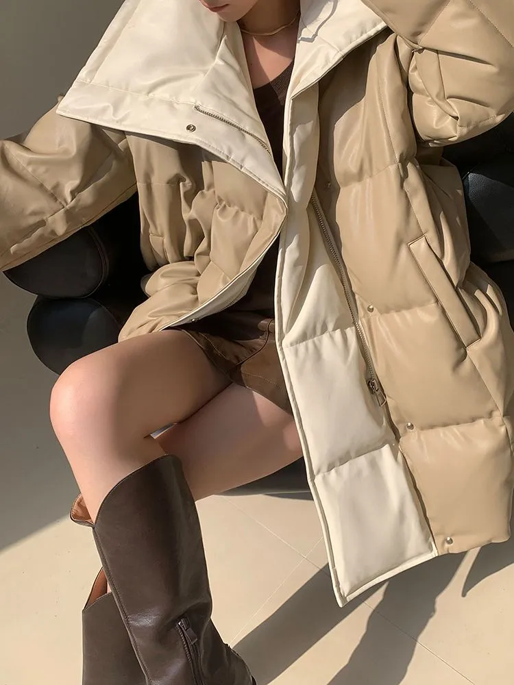 Colorblock Faux Leather Down Puffer Coat