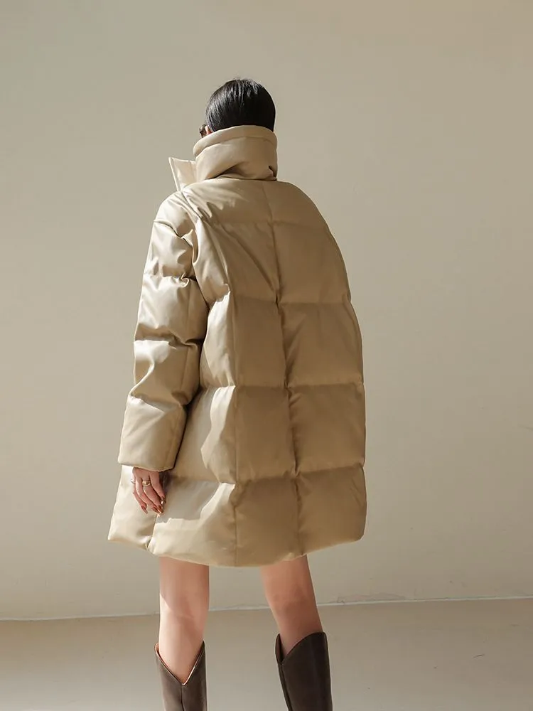 Colorblock Faux Leather Down Puffer Coat