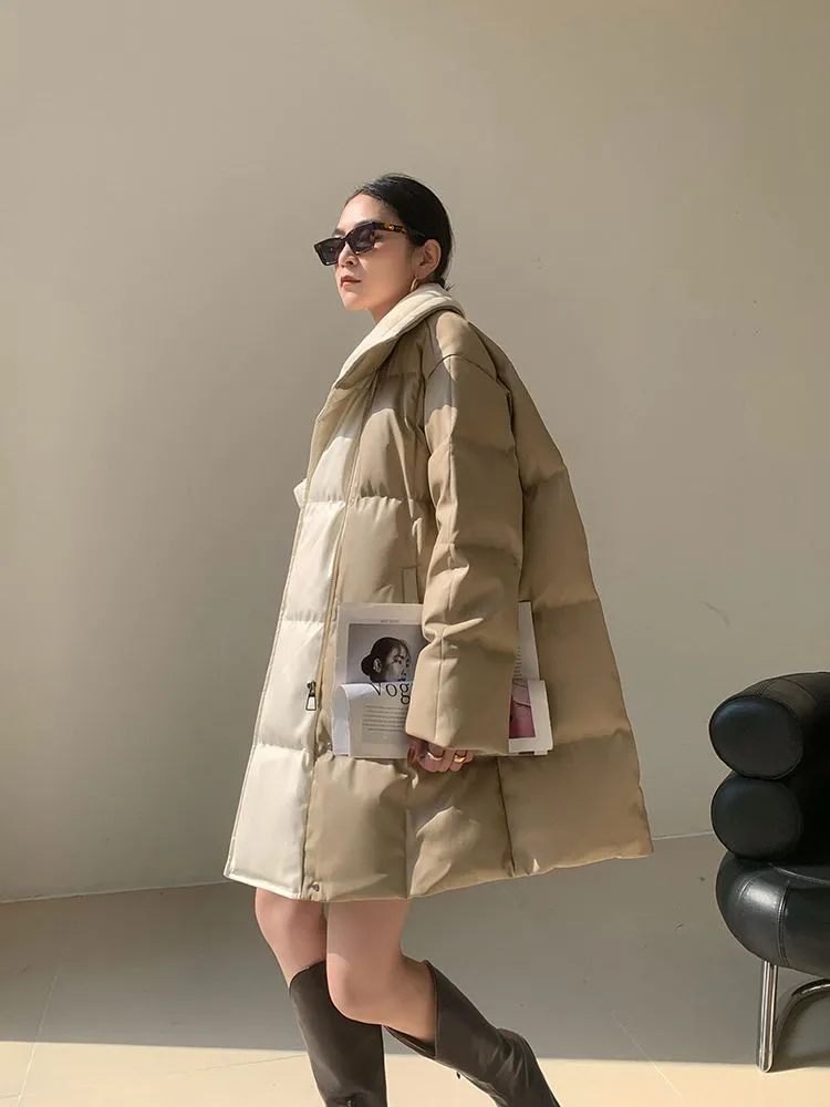 Colorblock Faux Leather Down Puffer Coat