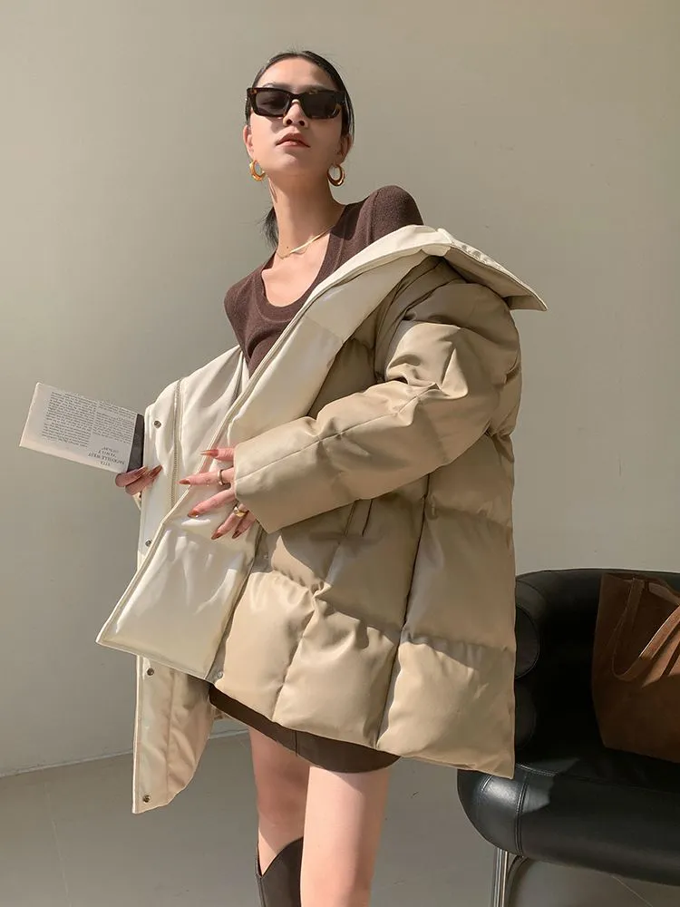 Colorblock Faux Leather Down Puffer Coat