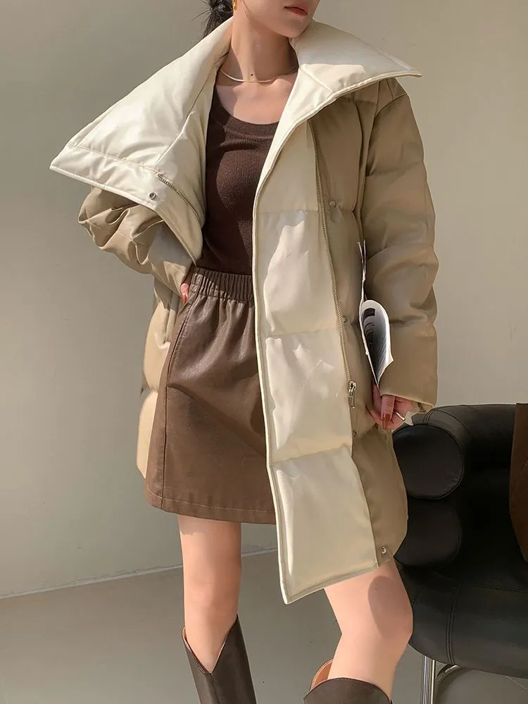 Colorblock Faux Leather Down Puffer Coat