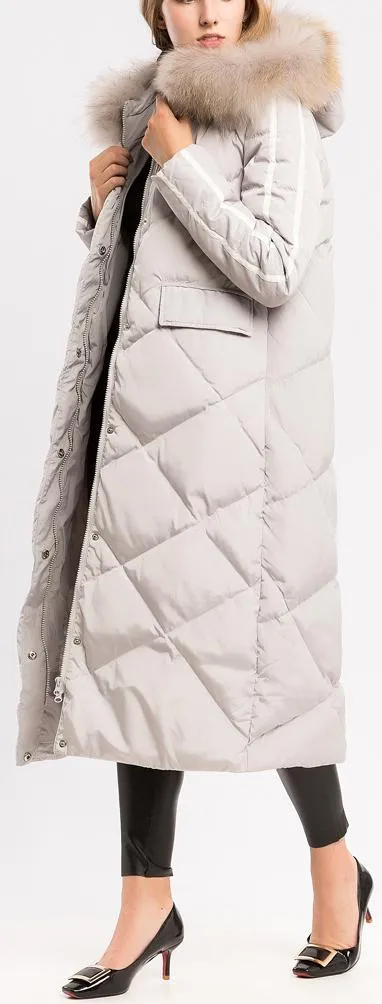 Contrast-Stripe Fur-Hooded Puffer Coat