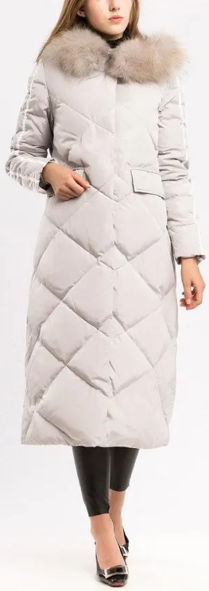 Contrast-Stripe Fur-Hooded Puffer Coat