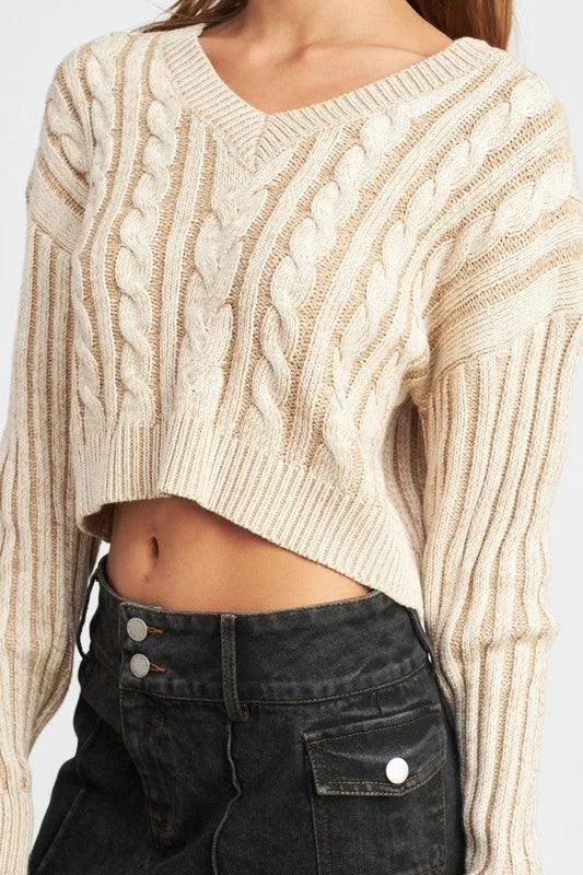 Contrasted Cable Knit Sweater Top