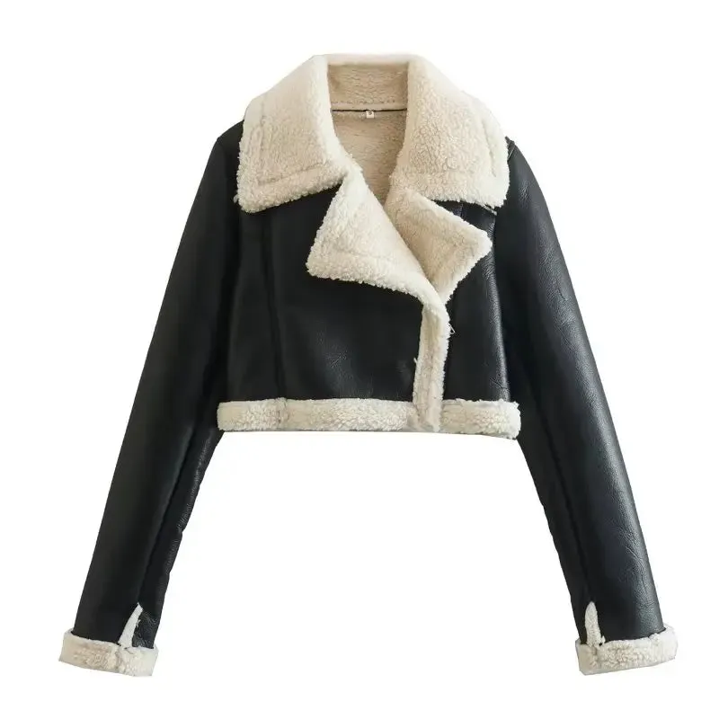 Cropped shearling faux fur leather biker jacket