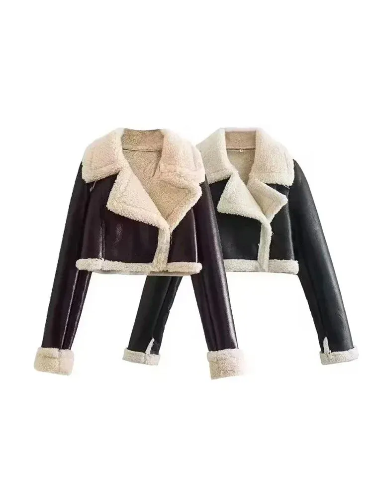 Cropped shearling faux fur leather biker jacket