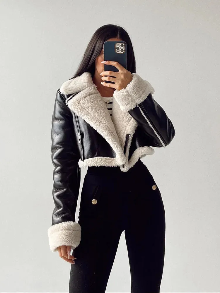 Cropped shearling faux fur leather biker jacket