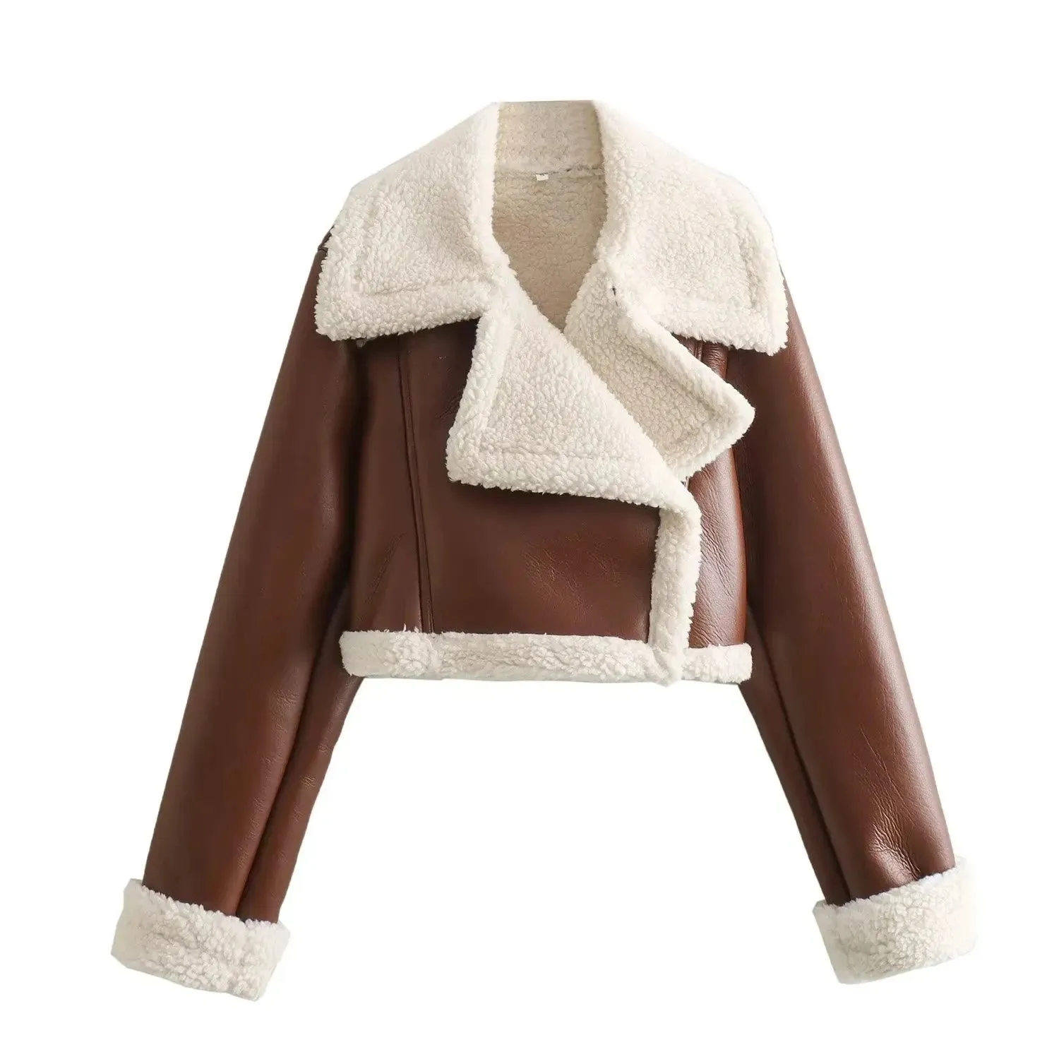 Cropped shearling faux fur leather biker jacket