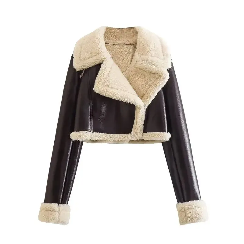 Cropped shearling faux fur leather biker jacket