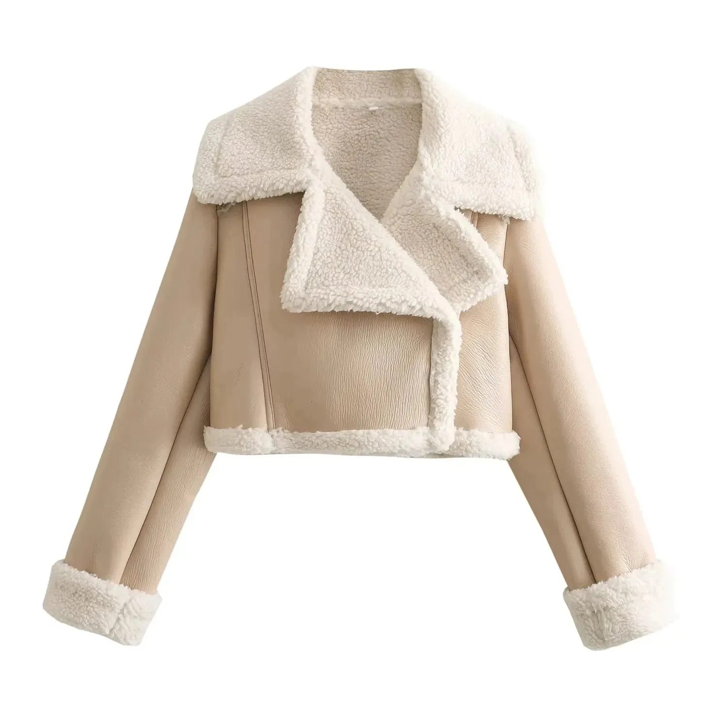 Cropped shearling faux fur leather biker jacket