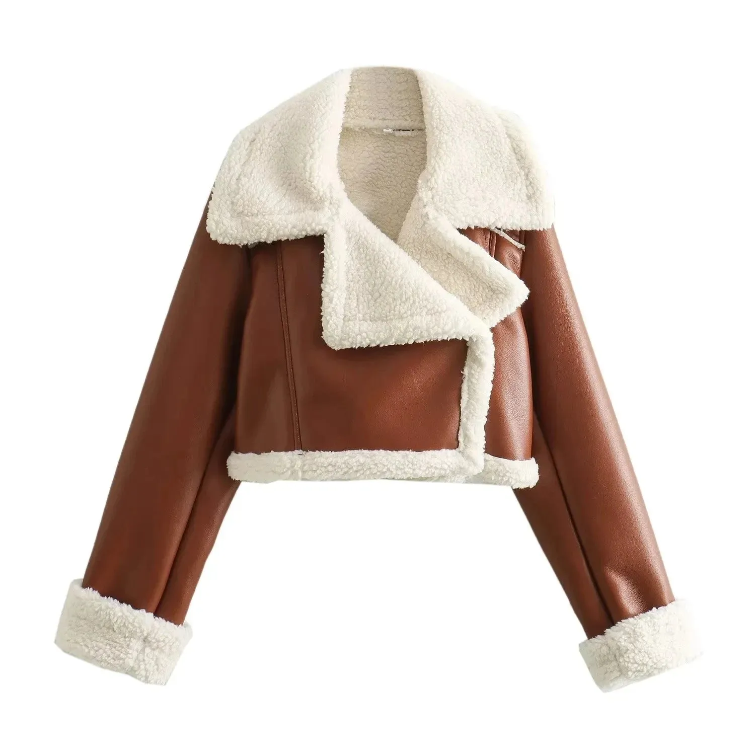 Cropped shearling faux fur leather biker jacket