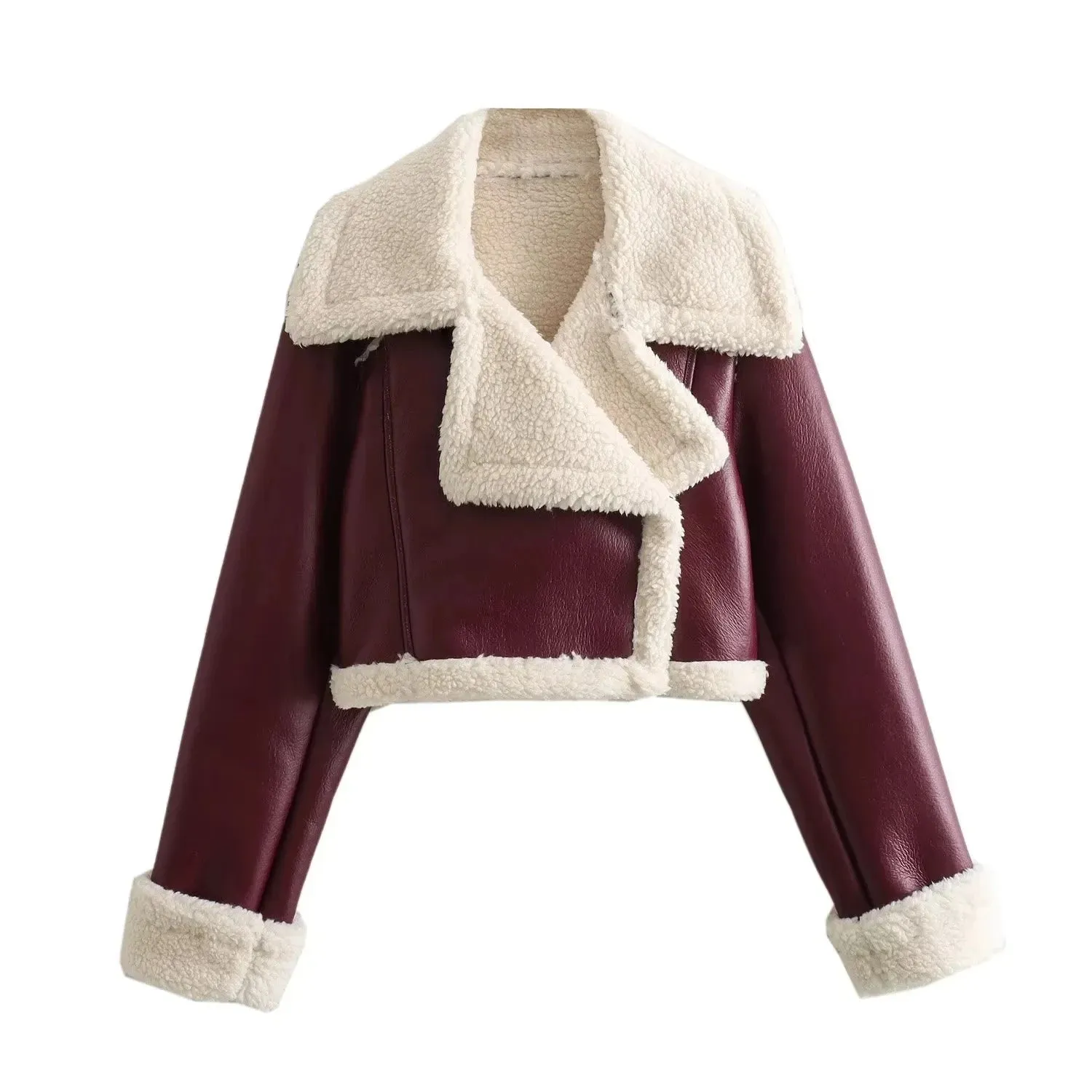 Cropped shearling faux fur leather biker jacket