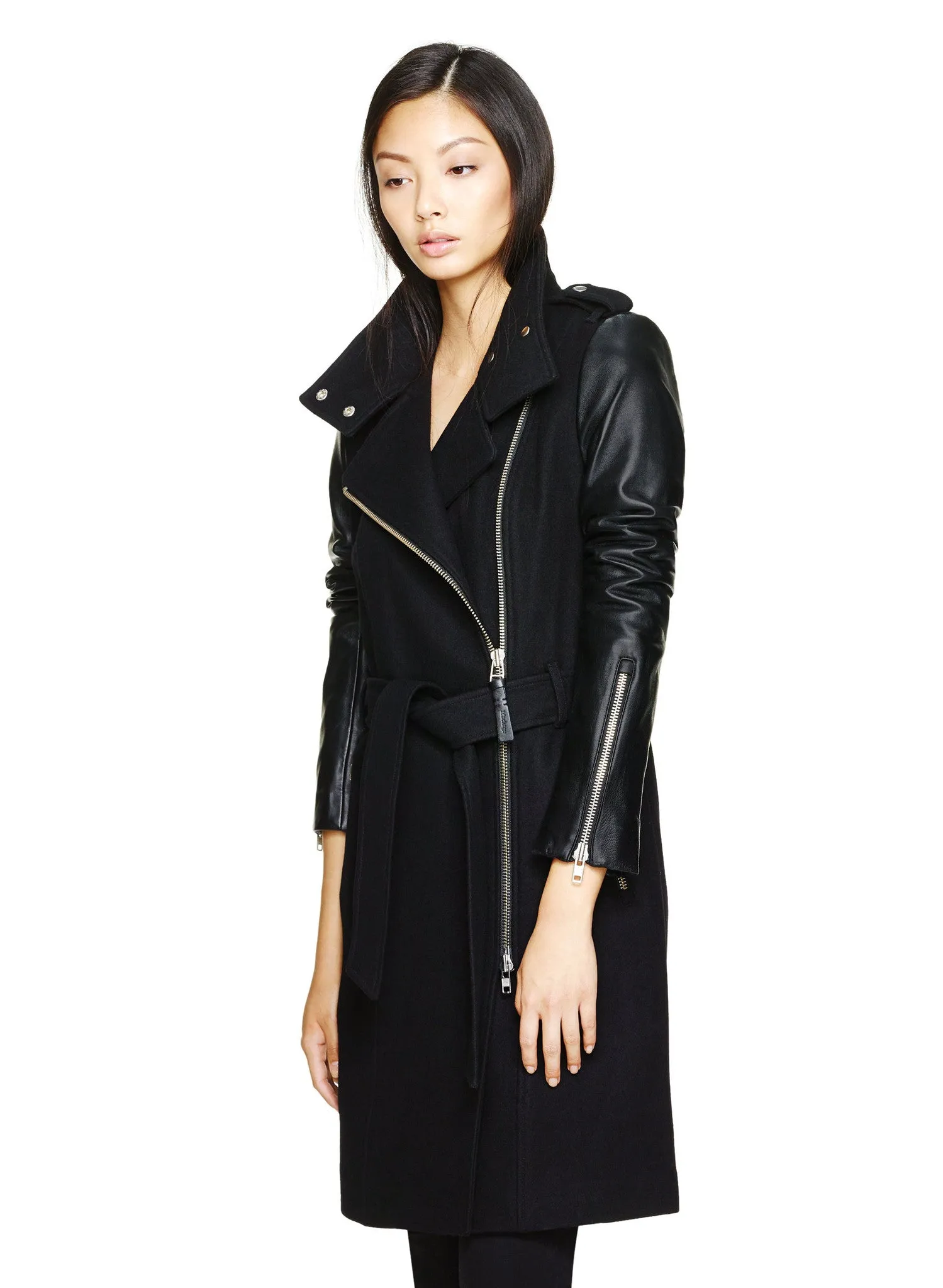 Dale Asymmetrical Wool Trench Coat With Leather Sleeves