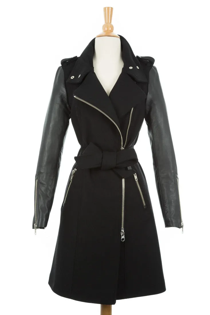 Dale Asymmetrical Wool Trench Coat With Leather Sleeves