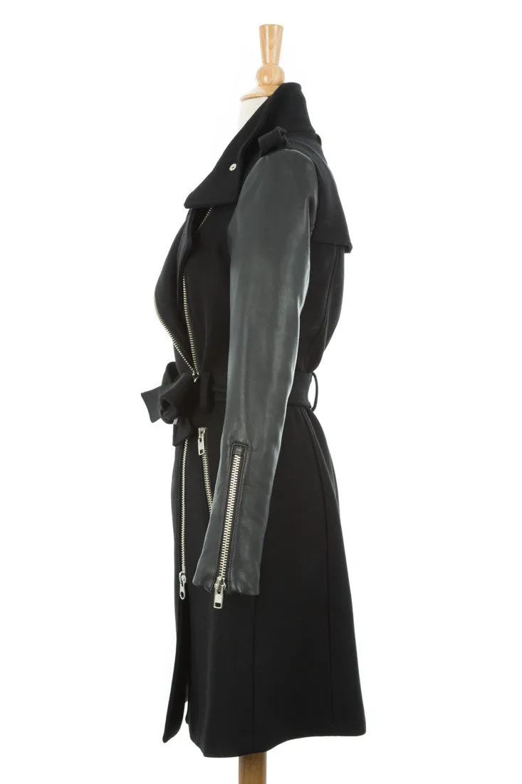 Dale Asymmetrical Wool Trench Coat With Leather Sleeves