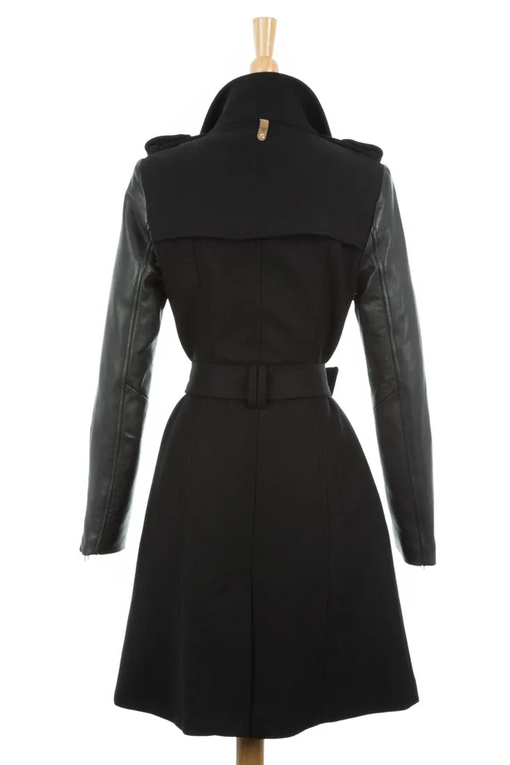 Dale Asymmetrical Wool Trench Coat With Leather Sleeves