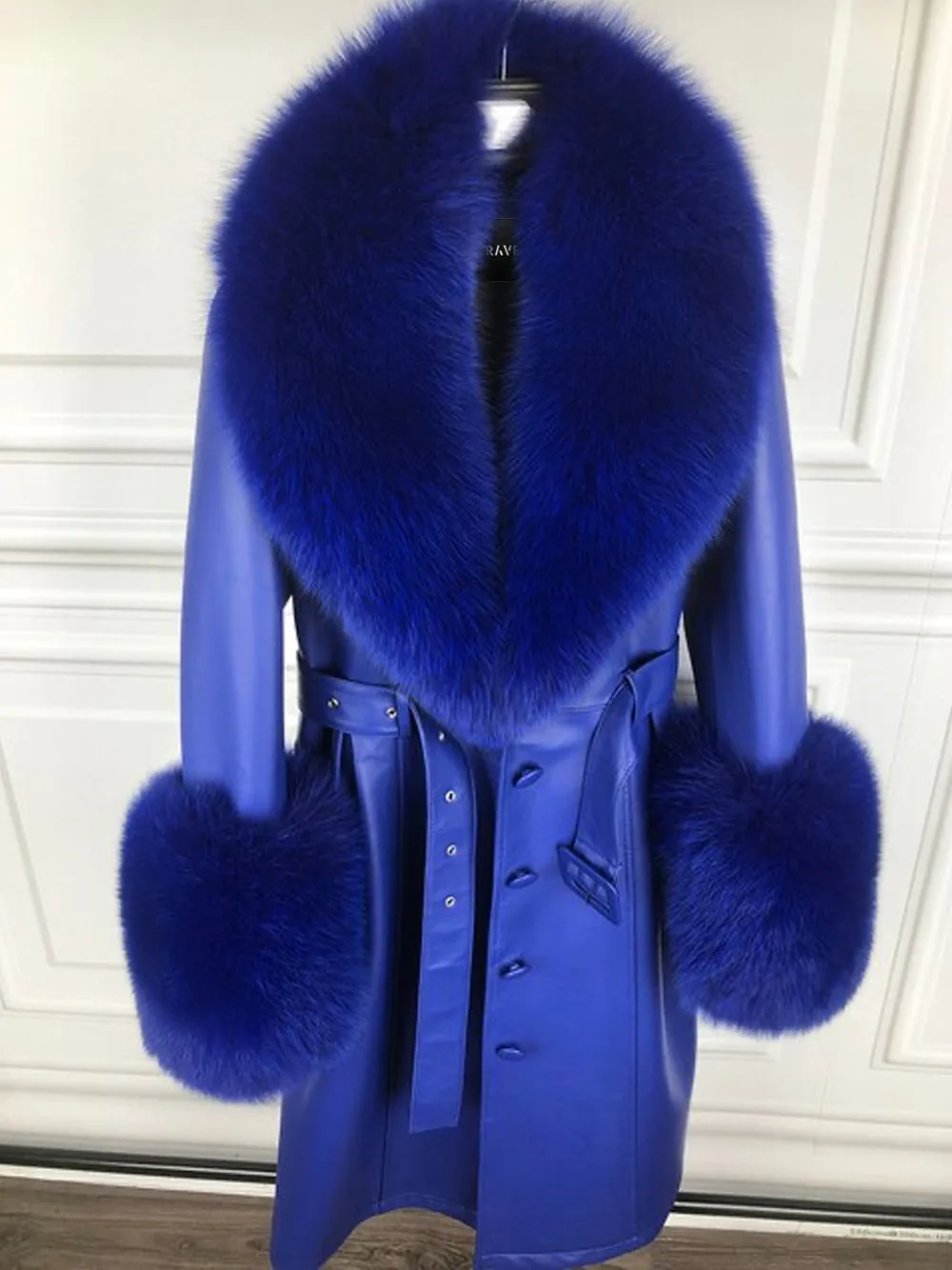 Faux Fur Genuine Leather Coat in Navy Blue