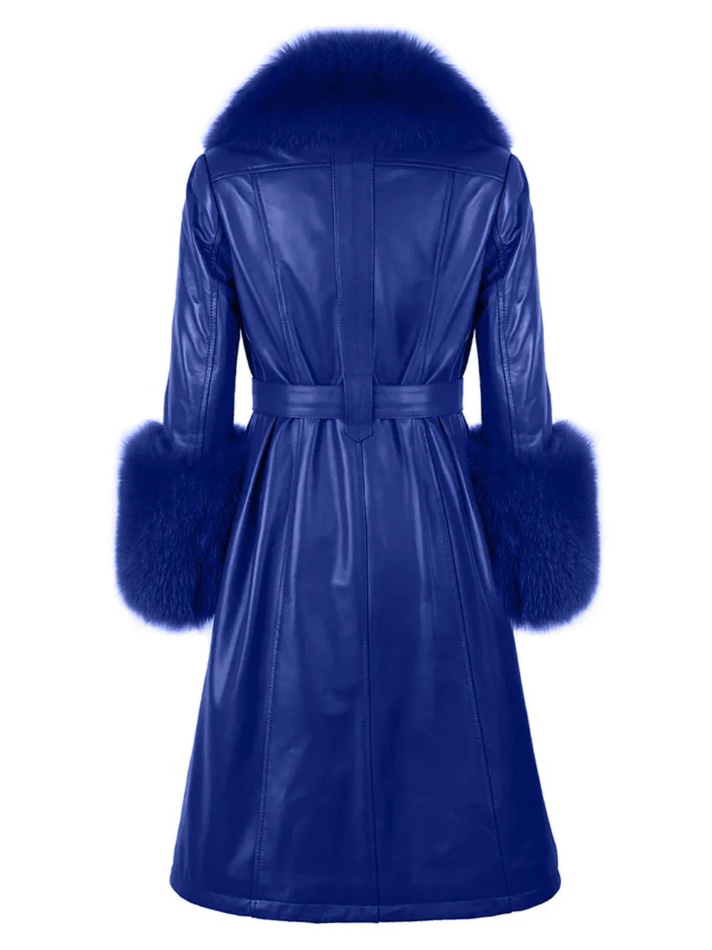 Faux Fur Genuine Leather Coat in Navy Blue