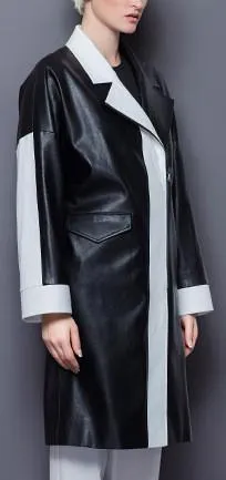 Faux-Leather Color-Contrast Coat in Black & White