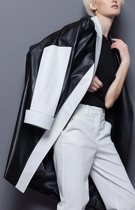 Faux-Leather Color-Contrast Coat in Black & White