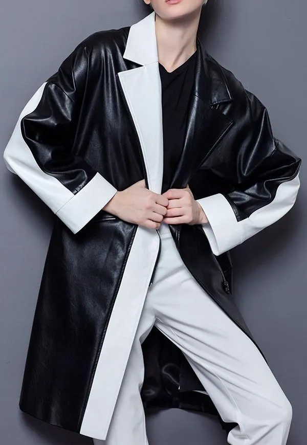 Faux-Leather Color-Contrast Coat in Black & White