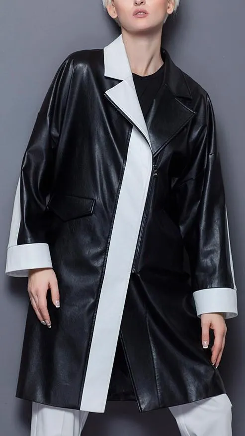 Faux-Leather Color-Contrast Coat in Black & White