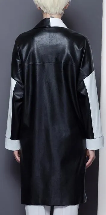 Faux-Leather Color-Contrast Coat in Black & White