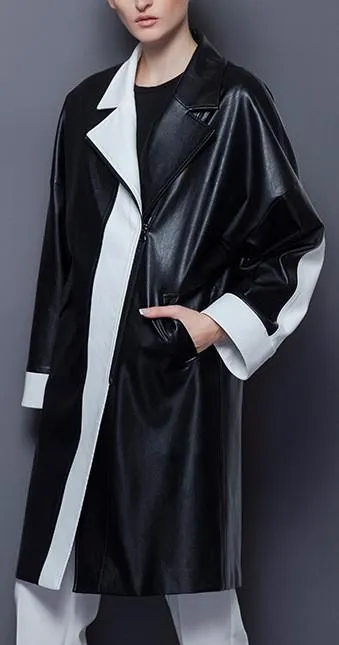 Faux-Leather Color-Contrast Coat in Black & White