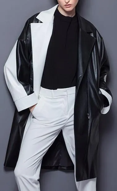 Faux-Leather Color-Contrast Coat in Black & White