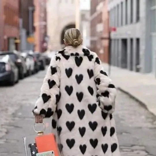 Fiorella Heart Print Long Faux Fur Coat