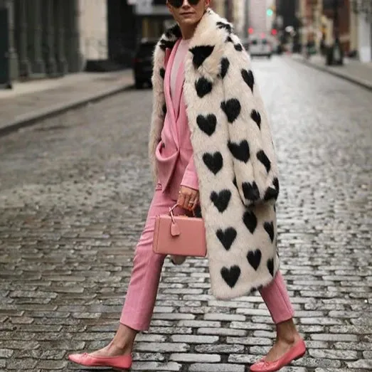 Fiorella Heart Print Long Faux Fur Coat