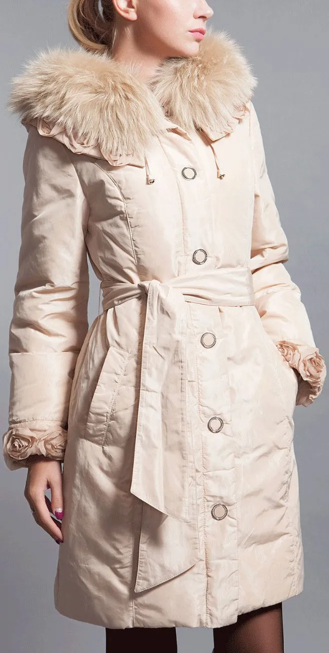 Floral-Cuff Fur Collar Puffer Down Coat, Apricot/Beige