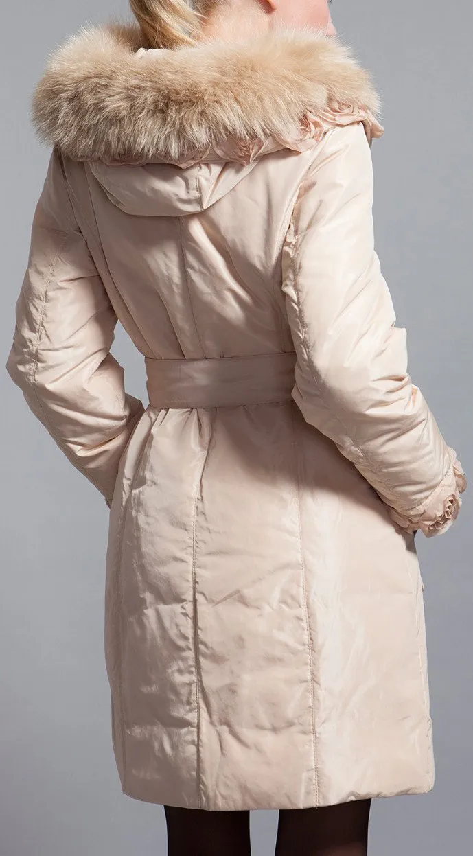 Floral-Cuff Fur Collar Puffer Down Coat, Apricot/Beige