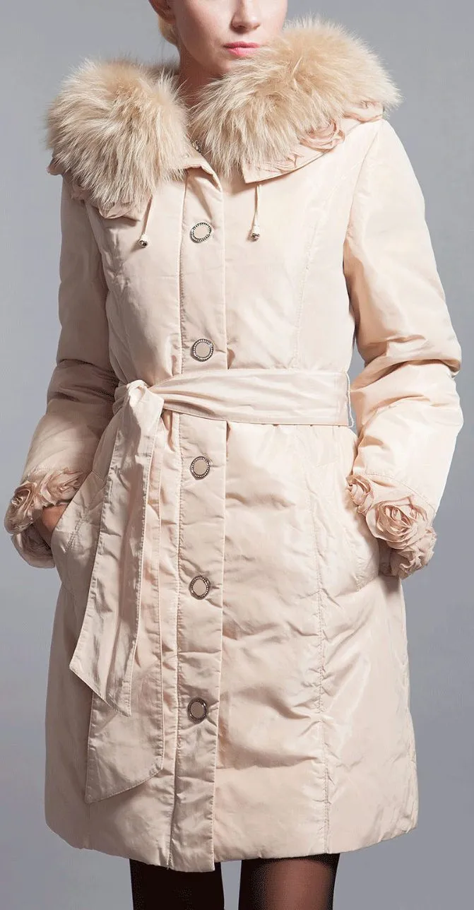 Floral-Cuff Fur Collar Puffer Down Coat, Apricot/Beige