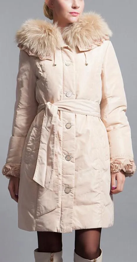 Floral-Cuff Fur Collar Puffer Down Coat, Apricot/Beige