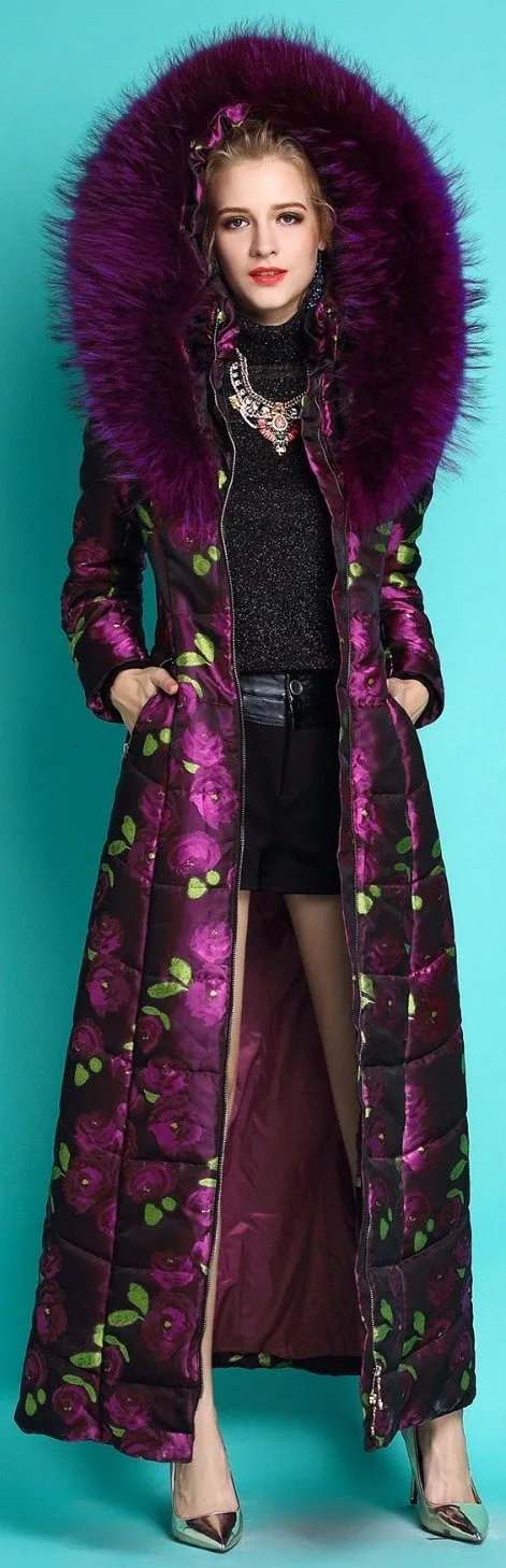 Floral Print Fur-Hooded Long Puffer Coat, Purple