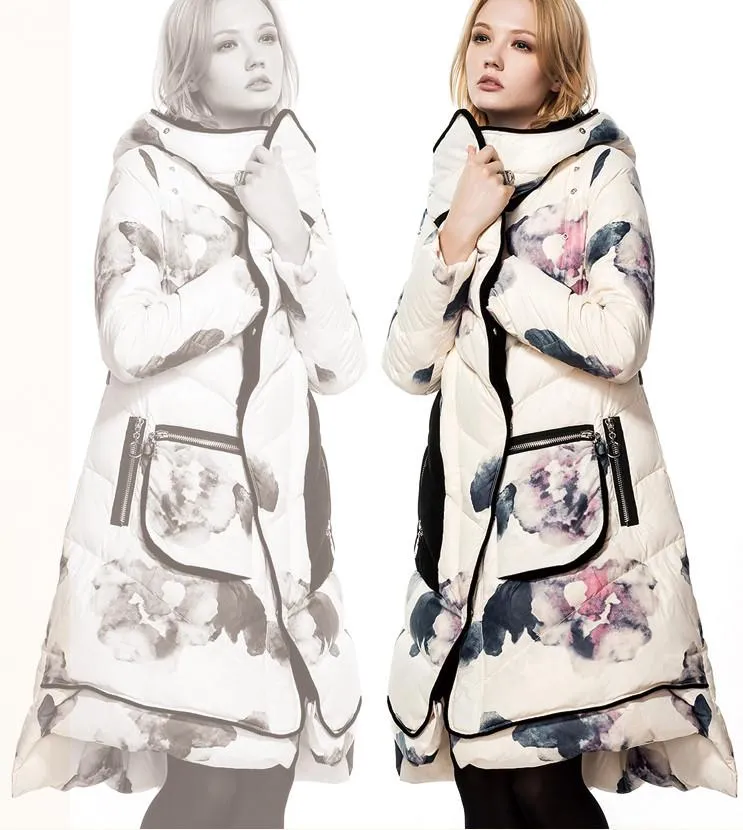 Floral Print Velvet Lined White-Duck-Down Coat in Deep Blue or White