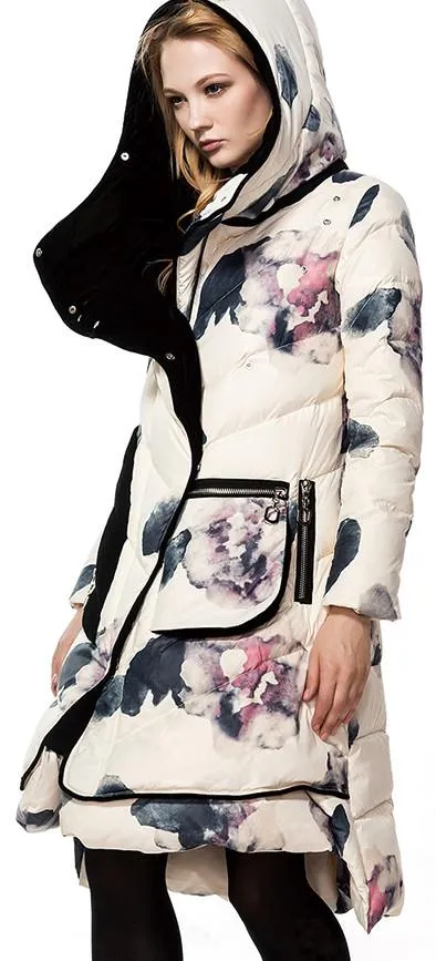 Floral Print Velvet Lined White-Duck-Down Coat in Deep Blue or White