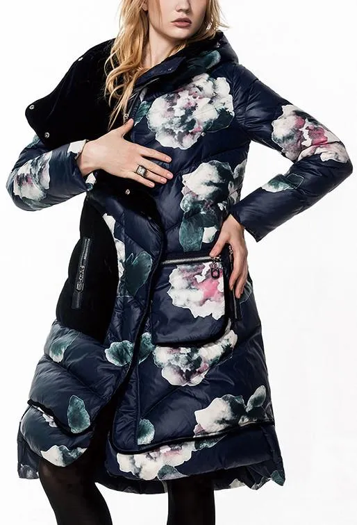 Floral Print Velvet Lined White-Duck-Down Coat in Deep Blue or White