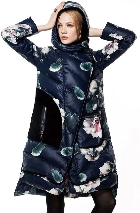 Floral Print Velvet Lined White-Duck-Down Coat in Deep Blue or White