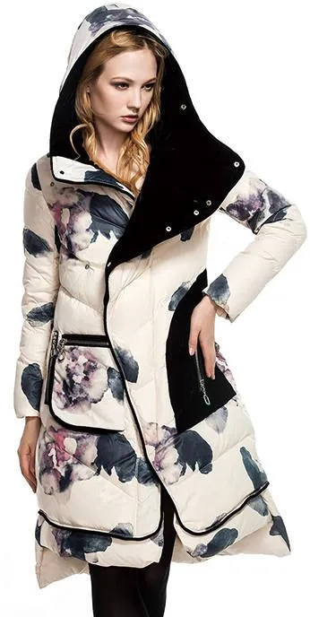 Floral Print Velvet Lined White-Duck-Down Coat in Deep Blue or White